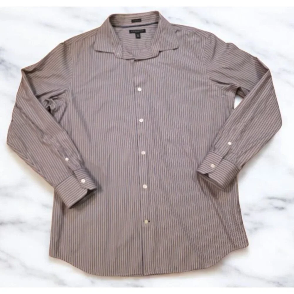 Banana Republic Button‎ Up Shirt Mens XL 17-17.5 Purple Tan Stripes Cotton Slim